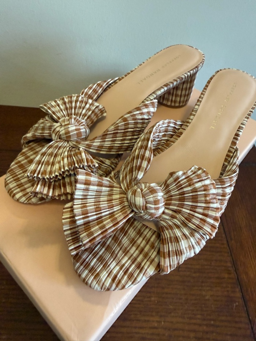 Loeffler Randall Gingham Bow Block Heel Slide - Brown/White - Picture 2 of 8